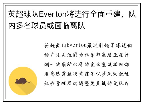 英超球队Everton将进行全面重建，队内多名球员或面临离队